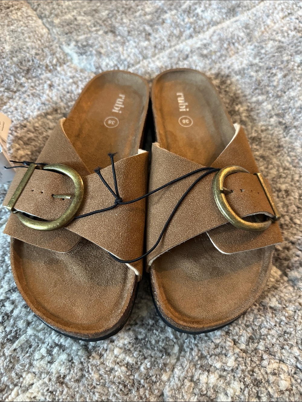 Suede Buckle Slide Sandals in Brown